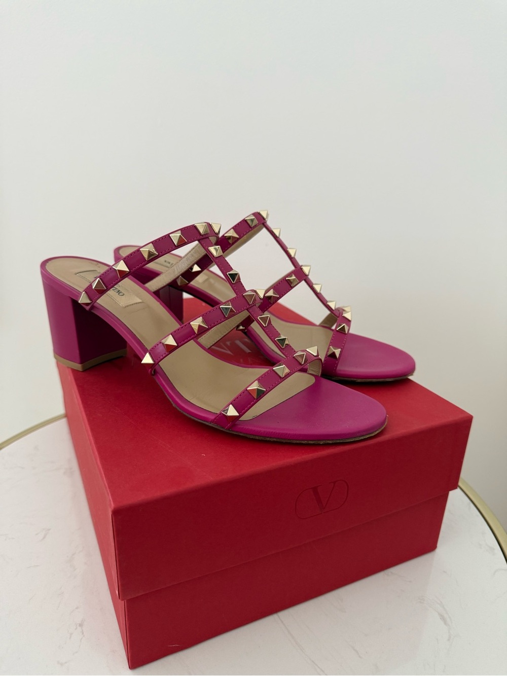 Valentino Fuchsia Rockstud Block Heel Sandals
